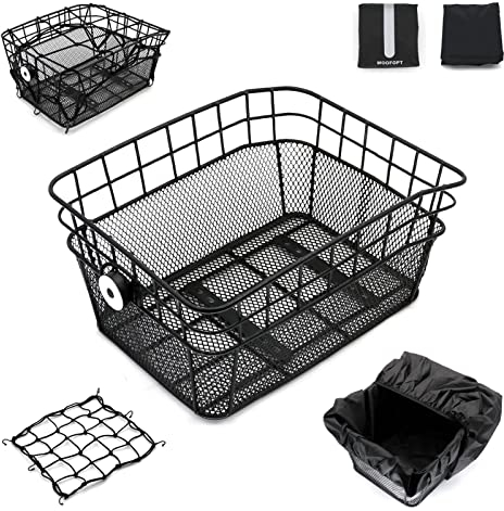 WOOFOPT Rear Bike Basket with 2 Rainproof Covers Tail Light and Cargo Net Waterproof Metal Wire Bike Basket Rear Fit Most Rear Bike Rack Bike Rear Basket (Black)