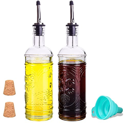 eleganttime 2 Pack Glass Oil and Vinegar Dispenser Set 16oz, Superior Leakproof Olive Oil Dispenser Bottle Strong with Cork for Kitchen Cooking, with Stainless Steel Spout and Silica Gel Funnel