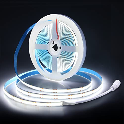 ALITOVE 5M COB LED Streifen 12V Kaltweiß 6000K Lichtband LED Selbstklebend | Flexibel 480LEDs/m, 8mm Breit, für DIY Heim-Innendekoration, Nicht Wasserdicht, Ohne Netzteil und Dimmer