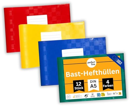perfect line - 12 Bast-Hefthüllen DIN-A5, 4 Farben, Quer-Format mit Beschriftungsetikett, Heftschoner aus recyclebarem PP, dokumentenecht