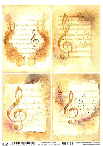 Josys Bastelmärchen Reispapier A4 Strohseide Decoupage Motiv Musik Notenblatt goldfarben RE1161