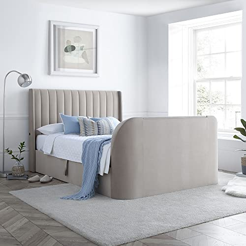 happybeds Luther Warm Stone Velvet Ottoman TV Bed, 5ft King, Remote Control | 5ft King, Velvet Ottoman TV Bed, Gas-Lift Storage, Warm Stone, Velvet Upholstery, TV Lift Mechanism, Remote Control