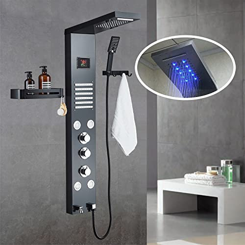 Columna de ducha sistema de ducha de acero inoxidable Juego de ducha de altura con cabezal de ducha, ducha de hidromasaje, ducha en cascada accesorio para baño,Black