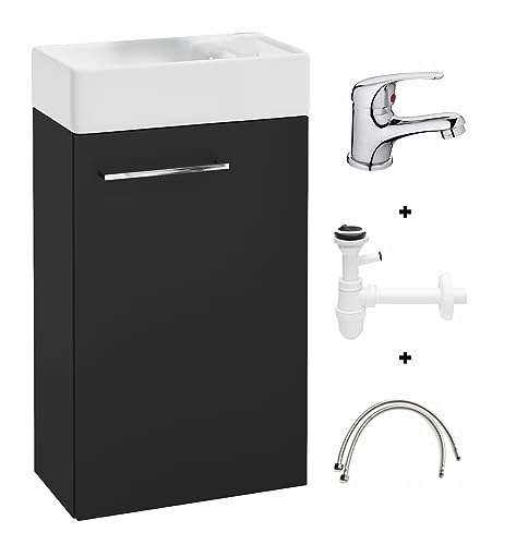 .Deftrans Domodomo Badezimmerschrank mit Waschbecken, Waschbeckenschrank 40 x 60 x 21,3 cm, Keramik-Waschbecken-Set, Wanddschrank für kleines Bad (Schwarz + Waschtischarmaturenset)