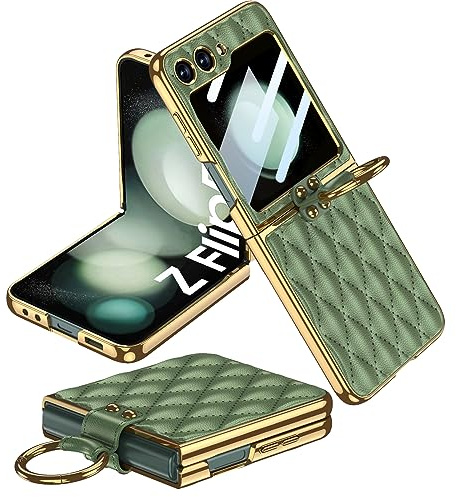 Miimall för Samsung Galaxy Z Flip 5 fodral, [inbyggt skärmskydd] [ringhållare] Z Flip 5 läderfodral med ring, stötsäker halkfri kvinnor heltäckande skyddande fodral för Z Flip 5-grön