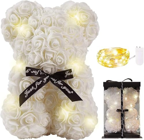 Meridiana - Orso di Rose Orsetto di Rosa Orsacchiotto Altezza 25 cm Teddy Bear Idea Regalo Regali per Lei Fidanzata Orso rose Bianche Compleanno Anniversario idee regalo San Valentino con LED (Bianco)