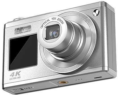 Appareil Photo Numérique 4K, Appareil Photo Double 60MP pour Enfants avec Zoom Numérique 10X, Caméra Vidéo Compacte à écran IPS 2,88 Pouces avec Anti-tremblement, Lumière (Argent)