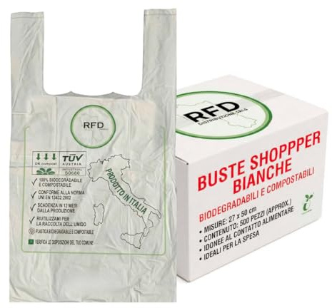 RFD Sacs Shopper 1000 pièces avec poignée - Biodégradables compostables 28 x 49, Blanc, 49X28 cm