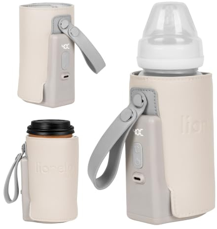 Lionelo Thermup Go Plus Portabel Nappflaskvärmare med Inbyggt Batteri | 5 Temperaturer 38–50 °C | upp till 8 h Driftstid | LCD med Temperaturkontroll | USB-C-Laddning för Resa | BPA-Fri | Beige