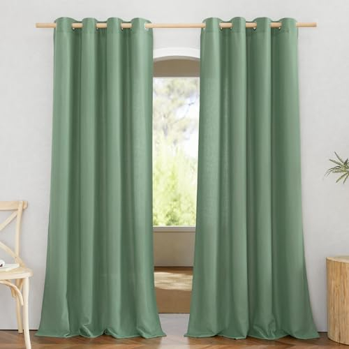 PONY DANCE Tende Lino con Anelli Tende Verde Scuro per Salotto Eleganti Filtro Luce Linen Curtains Semitrasparenti per Camera da Letto 2 Pezzi L 140 x A 245 CM