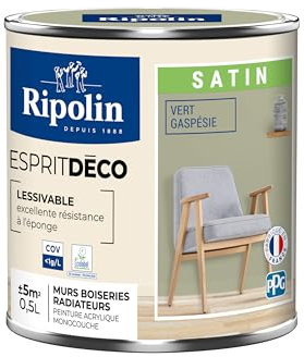 RIPOLIN - Peinture Intérieure Multi-Supports – Murs, Boiseries & Radiateurs – Ultra-Couvrante – Lessivable – Application Facile – Ecolabel - Satin - 0,5L - Vert Gaspesie