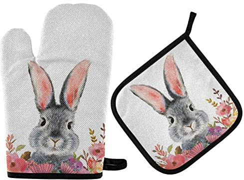 Ofenhandschuhe Ostern-Süße Kaninchen-Frühlings-Häschen-Blume Topfhandschuhe Thermoisolierung Grillhandschuhe Waschbare Topflappen Set Für BBQ Mikrowelle Kochen