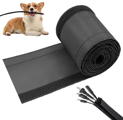 Flauzmann 1 - 6.6 Ft Dog/Cat Cord Protector, Hook and Loop Cable Sleeve | Cable management sleeve; Reversible, flexible & cuttable; Split wire wrap for TV, USB, audio, computer and automotive; Black