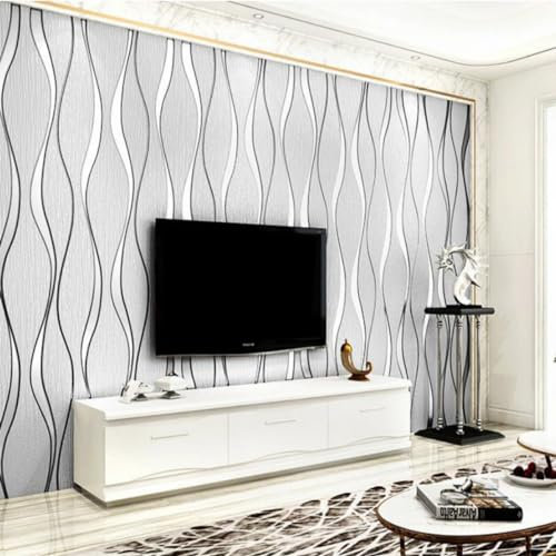 Camiraft Tapete Vliestapete 3D Modern Minimalistisch Wallpaper mit 1 Stück 3D-Wellen Leicht Glänzend Streifentapete Wanddekoration in Wohnzimmer,Schlafzimmer und Büro 0,53m x 9,5m