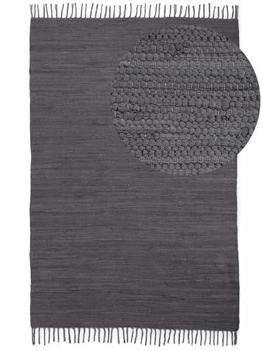 carpetfine Flickenteppich Kelim Chindi Uni Grau 190x290 cm, handgewebt | Fleckerlteppich aus Baumwolle für Wohnzimmermit Fransen