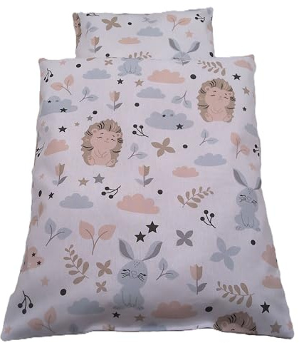 Handgefertigte Puppenbettwäsche, Waldfreunde, Hase und Igel, Gänse und Blumen, waschbar Decke 41h x 33b, Kissen 18h x 24b (Hase und Igel)