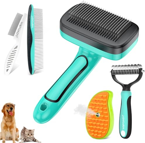 WOPQAEM Dog Brush for Shedding Short Long Haired Cats, 5 in 1 Pet Grooming Kit for Small Medium & Large Animals. Removes Loose Fur, Mats, Tangled. Easy Cleaning. Undercoat Rake + Steam Brush Included
