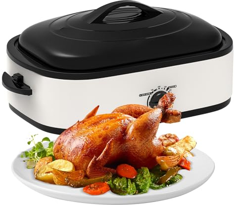 14 Quart Roaster Oven with Self-Basting Lid, Turkey Roasting Pan with Removable Roasting Rack, Turkey Defrost & Warm Function, Adjustable Temperature, Stainless Steel, White
