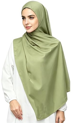 Lina & Lily Lyxig satäng hijab huvudscarf sjal för muslimska kvinnor extra lång, Mossgrön, en storlek