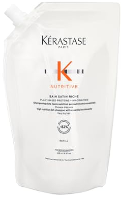 KÉRASTASE Nutritive - Bain Satin Riche - Shampoing Cheveux Secs à Très Secs - Apporte des Nutriments Essentiels - Niacinamide & Protéines Végétales - +56% de Nutrition Immédiate* - Eco-Recharge 500 ml