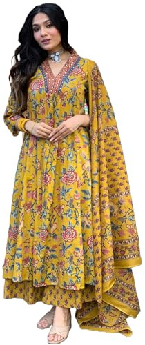 GoSriKi Kurta Anarkali en viscose pour femme avec palazzo et dupatta, Jaune, 3XL