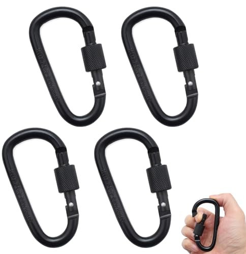 4 Stück Karabinerhaken Mit Schraubverschluss, D-Clip Haken für Schlüsselanhänger, Wasserkocher, Zelt (Schwarz)