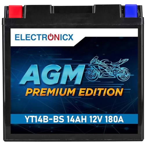 Electronicx AGM Premium YT14B-BS – 12V 14Ah 180A Hochleistungs-Motorradbatterie - wartungsfrei und versiegelt, auslaufsicher, vibrationsfest und langlebig – Ideal für Roller, Quad, ATV und Motorrad