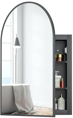 Spiegelschrank Bogen eingelassen, Badezimmerschrank mit Spiegel Arched | Badschrank hängend mit 3 Glas Einlegeböden für Badezimmer modern,50x12x76cm, (Schwarz)