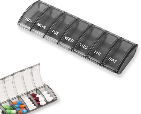 Eupneicu Tablettenbox 7 Tage, Pillendose Mit Verbessertem Offenem Design, Leicht Zu Öffnen, Tragbarer Pillenbox Für Medikamente, Vitamine, Fischöl, Nahrungsergänzungsmittel Usw [Schwarz]