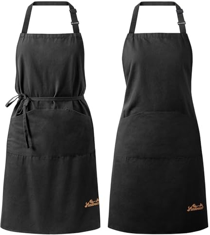 Viedouce 2 grembiule da cucina in 100% cotone per uomo e donna, regolabile con tasche grandi, grembiuli per cuochi, barbecue pittura cottura uso domestico ristoranti caffetterie giardini, nero