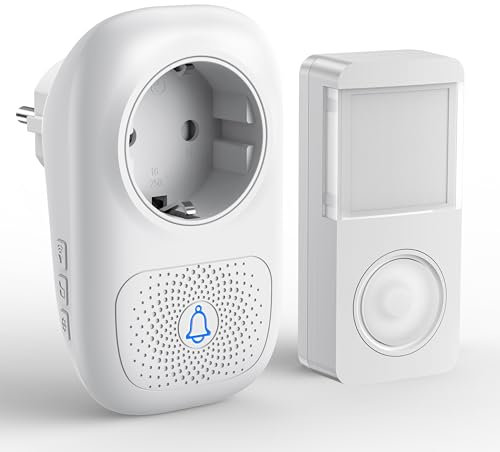 Jeatone Campanello Senza Fili da Esterno, Kit con Prese Esterne e Luce LED, Portata 150m, 58 Melodie, 4 Livelli Volume, IP55 Impermeabile, Campanello Wireless con 1 Ricevitore e 1 Trasmettitore, Blanc