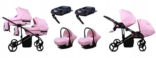 BabyLux® Bambini Passeggino per gemelli Completo Set 4 in 1 - Duo | Light Pink - incl. Navicella, Canna, Seggiolino Auto, ISOFIX Base - Carrozzina Neonati Sistema Combinato - con Borsa fasciatoio ecc.