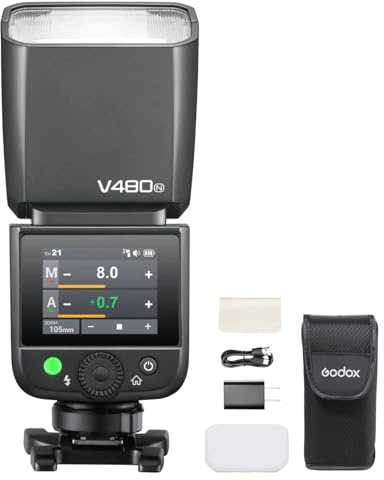 Godox V480-N Camera Flash for Nikon, GN50 High Output, Touchscreen Control, USB-C Charging, 1.7s Fast Recycle Time, 650 Full-Power Flashes, 2.4G X Wireless 1/8000s HSS TTL Flash Speedlite
