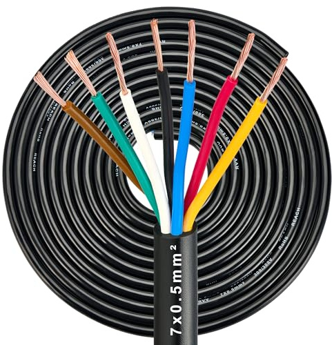DARKGUARD Cable Eléctrico para Remolque 0.5mm², Cable Luces Remolque 7 núcleos 5M, 12V/24V Flexible Cobre Conexión de Cableado para Caravana Camión Barco, Agua y Aceite Resistente