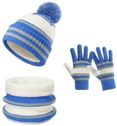 OZERO Kinder Winter Set Strickmütze mit Bommel Loop Schal Handschuhe | 3-Teiliges Thermo Zubehör mit Fleece-Futter für Jungen und Mädchen, Kuschelig Warm bei Frost, für Schulweg und Rodeln