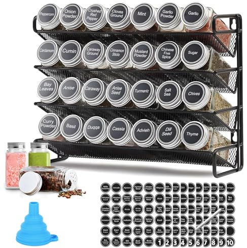 PCXWTLN Spice Rack Organiser with 28 Jars, 4 Tier Free Standing | 386 Spice Labels, Metal Seasoning Racks, For Cabinet, Kitchen, Countertop, Pantry, Cupboard