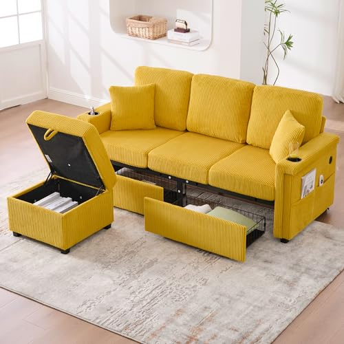 Canapé 3 Places en Forme de L, Canapé d'Angle Convertible avec repose pieds de rangement et deux tiroirs , Fauteuil rembourré avec porte-gobelets et poches latérales, Jaune moutarde Velours côtelé