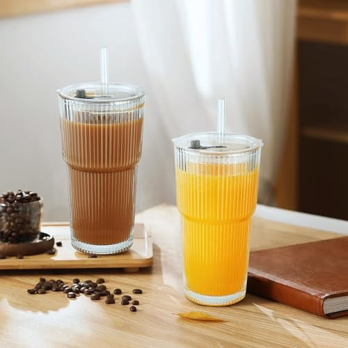 AUAUY 2 PCS Glasses Cups with Lid and Straw, Bamboo-Like Glass Cup (600 ml) | Iced Coffee Glasses, Leakproof Glass Tumblers for Juice, Smoothie, Water, Tea