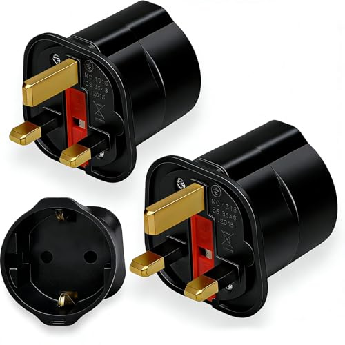 European to UK Plug Adaptor, 2 Pack EU to UK Plug Adapter 2 Pin To 3 Pin Plug Adapter, European Plug Adapter, Type C/E/F Europe Germany France Spain to British Adapter Type G, Black
