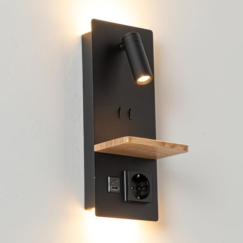 Alpinaluz Lampada da parete nera con luce orientabile 3 W e luce ambiente 6 W 2 800 K - Porta di ricarica USB A+C, presa Schuko e mensola in legno per camera da letto e comodino