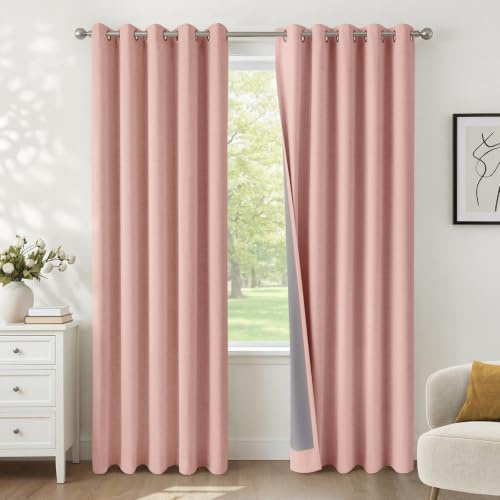 INOVADAY 100% Verdunklungsvorhänge 2 Stück Blush Rosa, H245xB140 cm | Gardinen mit Ösen Wohnzimmer, Vorhang Blickdicht Leinenoptik, Thermovorhang für Schlafzimmer, Geräuschreduzierend, OEKO