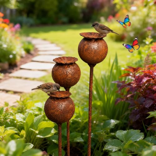 Gartenstecker Rost Deko Mohn Mohnkapsel Metall Rost Gartendeko Edelrost für Frühling, Garten, Wohnzimmer, Balkon (3er Set Mohnkapsel A)
