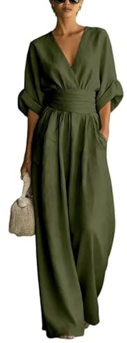KIJSKKOPO Tuta Estiva da Donna con Maniche A 3/4 Arrotolate, Scollo A V Avvolgente, Vita Impero Arricciata, Ideale Per Lavoro, Formale, Lunga, Ampia, Palazzo, con Tasche, Per Vacanze Al Mare O In Sp