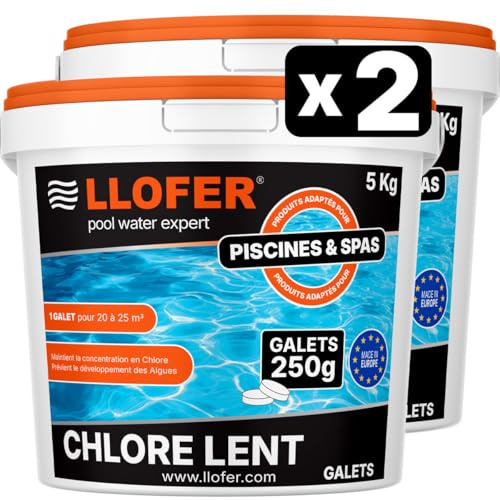 Galets de Chlore Lent 250g - Haute Teneur en Chlore (90%) - Seau de 2 x 5kg - chloration permanente hautement Efficace Contre Les bactéries, fabriquer en Europe