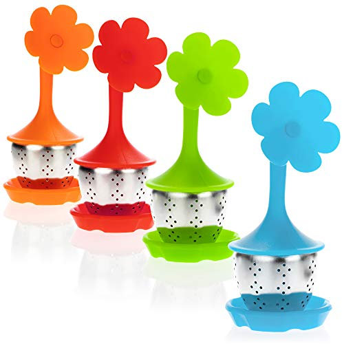 COM-FOUR® 4x Infusor de té de acero inoxidable y silicona - Colador de té con tapa y platillo - Filtro de té para los amantes del té (04 piezas - flor)
