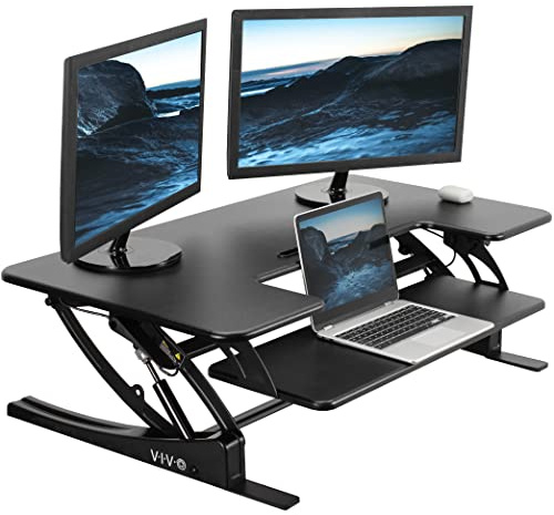 VIVO Height Adjustable 42 inch Stand Up Desk Converter, Quick Sit to Stand Tabletop Dual Monitor Riser Workstation, Black, DESK-V000VL…