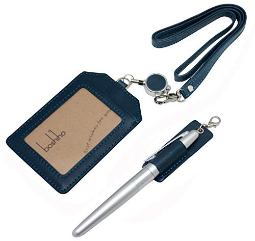Boshiho - Porta badge da ufficio, in vera pelle, con cordino elasticizzato, stile verticale 4.2 x 2.6 x 0.1inch Blue
