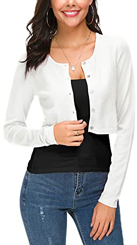 EEVASS Donna Elegante Maniche Lunghe Breve Coprispalle Bottoniera Girocollo Maglia Cardigan (M, Bianco)