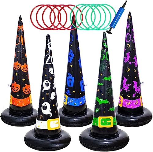 Poptrend 5PK Jouets d'Halloween Jeux d'Halloween Chapeau de sorcière gonflable Jeu de lancer d'anneau, jeu de lancer d'anneau gonflable d'Halloween avec pompe à air. Jouet de jeu pour enfants et