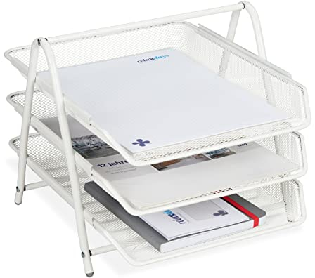 Relaxdays Dokumentenablage Metall, 3 Fächer, Gitter Design, Büro, für A4, Briefablage, HBT: 26,5 x 29,5 x 35,5 cm,weiß